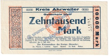 Ahrweiler , Banknote 10.000 Mark Schein in gbr. Keller 20.a.1-2 , Rheinland 1923 Grossnotgeld - Inflation