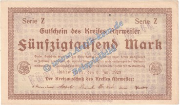 Ahrweiler , Banknote 50.000 Mark Schein in kfr. Keller 20.a.22 , Rheinland 1923 Grossnotgeld - Inflation