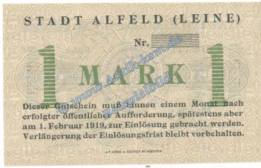 Alfeld , Banknote 1 Mark MUSTER-Schein in kfr. Geiger 007.01.M , Niedersachsen 1918 Grossnotgeld