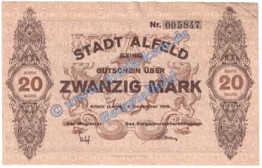 Alfeld , Banknote 20 Mark Schein in gbr. Geiger 007.05.a , Niedersachsen 1918 Grossnotgeld