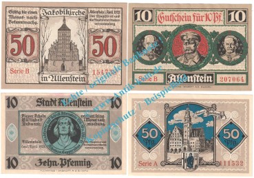 Allenstein , Notgeld 2 Sets mit 4 Scheinen in kfr. M-G 13.1-2 , Ostpreussen 1921 Seriennotgeld