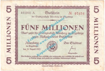 Altenberg , Notgeld 5 Millionen Mark Schein in gbr. Bühn 0040.31 , Sachsen 1923 Grossnotgeld Inflation