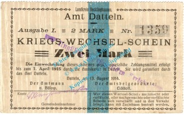 Amt Datteln , Notgeld 2 Mark Schein in gbr. Diessner 74.3.b , Westfalen 1914 Notgeld 1914-15Amt Datteln , Notgeld 2 Mark Schein in gbr. Diessner 74.3.b , Westfalen 1914 Notgeld 1914-15