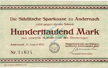 Andernach , Banknote 100.000 Mark Schein in gbr. Keller 98.a , Rheinland 1923 Inflation