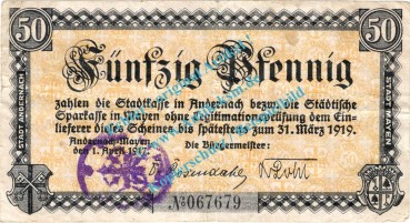 Andernach , Notgeld 50 Pfennig Schein in gbr. Tieste 0125.05.01 , Rheinland 1917 Verkehrsausgabe