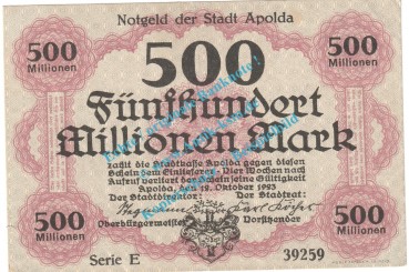 Apolda , Notgeld 500 Millionen Mark Schein in gbr. Keller 121.b , Thüringen 1923 Grossnotgeld Inflation