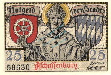 Aschaffenburg , Notgeld 25 Pfennig Schein unc-kfr. Ti.0220.10.15 , Bayern o.D. Verkehrsausgabe