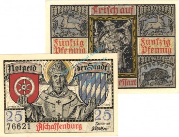 Aschaffenburg , Notgeld Set mit 2 Scheinen unc-kfr. Ti.0220.10.40-41 , Bayern o.D. Verkehrsausgabe