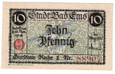 Bad Ems , Notgeld 10 Pfennig Schein in kfr. Tieste 1715.05.15 , Hessen 1918 Verkehrsausgabe