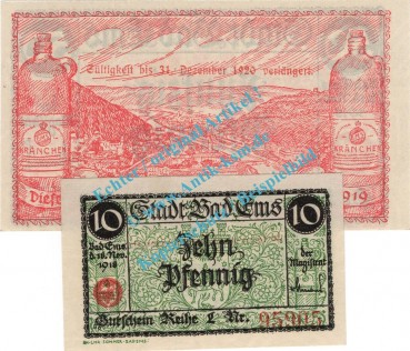 Bad Ems , Notgeld Set mit 2 Scheinen in kfr. Tieste 1715.05.15-16 , Hessen 1918 Verkehrsausgabe