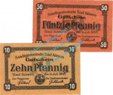 Bad Kösen , Notgeld Set mit 2 Scheinen in kfr. Tieste 3635.05.01-02 , Sachsen 1918 Verkehrsausgabe