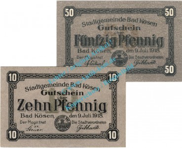 Bad Kösen , Notgeld Set mit 2 Scheinen in kfr. Tieste 3635.05.05-06 , Sachsen 1918 Verkehrsausgabe