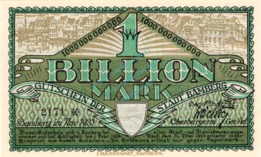 Bamberg , Banknote 1 Billionen Mark Schein in unc-kfr. Keller 225.m , Bayern 1923 Inflation