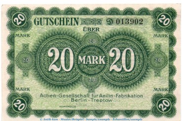 Banknote -Agfa- Berlin Treptow , 20 Mark Schein in kfr. Geiger 041.03.a von 1919 , Brandenburg Großnotgeld