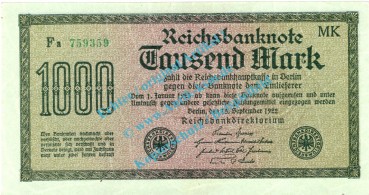 Banknote , 1.000 Mark -Vielecke- in kfr. DEU-86.b, Ros.75, P.76 , Weimarer Republik 1922 Inflation