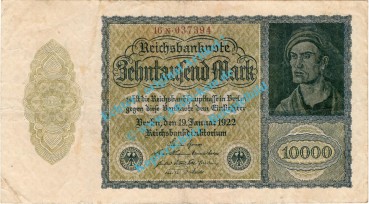 Banknote , 10.000 Mark Schein in gbr. DEU-78.c, Ros.69, P.72, Weimarer Republik 1922 Inflation