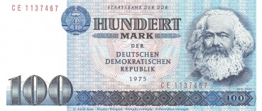 Banknote , 100 Mark Schein in kfr. DDR-25.a,c Ros.363, P.31 von 1975 , DDR Staatsbank