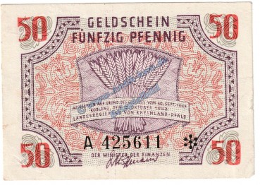 Banknote , 50 Pfennig Schein in L-gbr. FBZ-6, Ros.213, S.1006 , Rheinland Pfalz , Französische Besatzungszone 1947