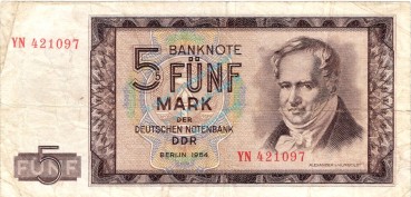 Banknote , 5 Mark Schein in gbr. DDR-16.b, Ros.354, P.22, DDR 1964 deutsche Notenbank