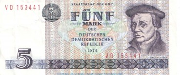 Banknote , 5 Mark Schein in gbr. DDR-23.a,c Ros.361, P.27 von 1975 , DDR Staatsbank