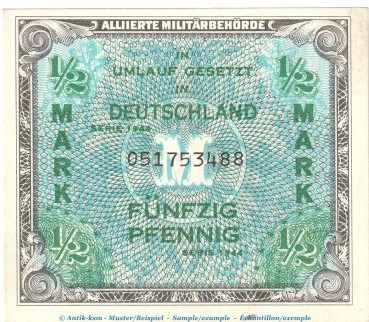 Banknote über 1 halbe Mark , AMB-1.a, Ros.200, P.191 US-Druck , Alliierte Banknote von 1944