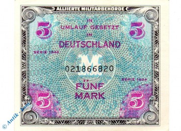 Banknote über 5 Mark kfr , US Druck , AMB-3 a , Rosenberg 202 , Pick 193 , von 1944 , Alliierte Militärbehörde