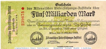 Banknote Altona , Institut , 5 Milliarden Mark Schein in kfr. Keller 81.e , 10.10.1923 , Schleswig Holstein Großnotgeld Inflation