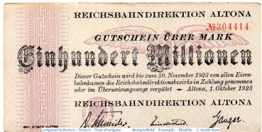 Banknote Altona , Reichsbahn , 100 Millionen Mark Schein in gbr. Keller 80.i , 01.10.1923 , Schleswig Holstein Inflation