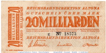 Banknote Altona , Reichsbahn , 20 Milliarden Mark Schein in gbr. Keller 80.k , 23.10.1923 , Schleswig Holstein Inflation