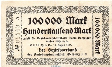 Banknote Amtshauptmannschaft Oelsnitz , 100.000 Mark Schein in gbr. Keller 4110.a von 1923 , Sachsen Inflation