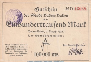 Banknote Baden Baden , 100.000 Mark Schein in gbr. Keller 210.c , 07.08.1923 , Baden Großnotgeld Inflation