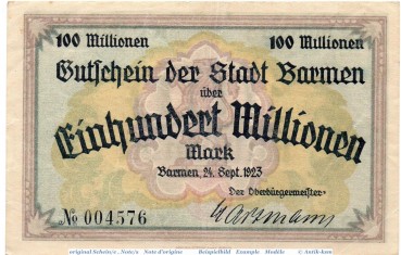 Banknote Barmen , 100 Millionen Mark Schein in gbr. Keller235.f , 24.09.1923 , Rheinland Großnotgeld Inflation