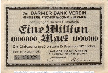 Banknote Barmen , 1 Million Mark Schein in gbr. Keller 237.c , Aug.1923 , Rheinland Großnotgeld Inflation