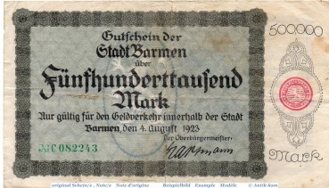 Banknote Barmen , 500.000 Mark Schein in gbr. Keller 235.b , 04.08.1923 , Rheinland Großnotgeld Inflation