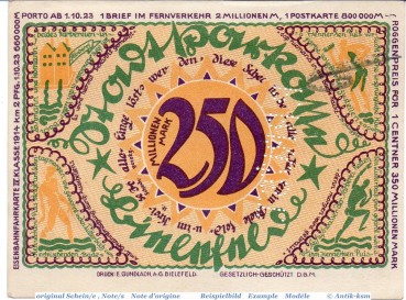 Banknote Bielefeld , 250 Millionen Mark Schein in kfr. Keller 415.e , 04.10.1923 , Westfalen Großnotgeld Inflation