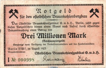 Banknote Braunkohlesyndiakt Berlin , 3 Millionen Mark Schein in gbr. Keller 364.c von 1923 , Brandenburg Inflation