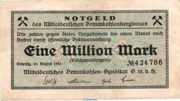 Banknote Braunkohle Syndikat Leipzig , 1 Millionen Mark fHs in gbr. Keller 3086.b von 1923 , Sachsen Inflation