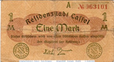 Banknote Cassel , 1 Mark Schein in gbr. Geiger 076.01.g , o.D. Hessen Großnotgeld