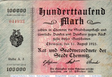 Banknote Chemnitz , 100.000 Mark Schein in gbr. Keller 740.d , 10.08.1923 , Sachsen Großnotgeld Inflation