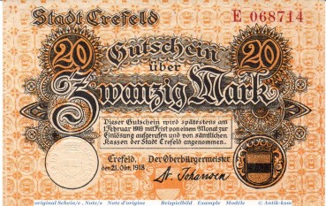 Banknote Crefeld , 20 Mark Schein in kfr. Geiger 086.11.a , 21.10.1918 , Rheinland Großnotgeld