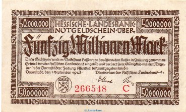 Banknote Darmstadt Hess. Landesbank , 50 Millionen Mark in kfr. Keller 956.d von 1923 , Hessen Inflation