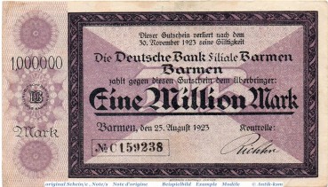 Banknote DB Barmen , 1 Million Mark Schein in gbr. Keller 244.n , 25.08.1923 , Rheinland Großnotgeld Inflation