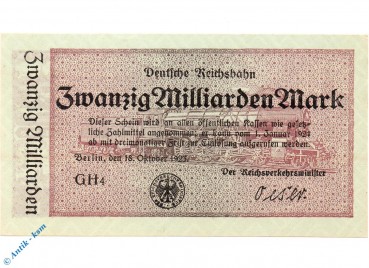 Banknote Deutsche Reichsbahn , 20 Milliarden Mark o. Kennummer , RVM-12  , S 1022 , Banknoten von 1923 , Inflation deutsche Reichsbahn