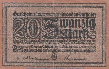 Banknote Dresden Altstadt , 20 Mark Schein in gbr. Geiger 110.03 von 1918 , Sachsen Grossnotgeld