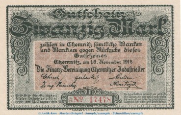 Banknote Finanzvereinigung Chemnitz , 20 Mark Schein in kfr. Geiger 079.04 , von 1918 , Sachsen Großnotgeld