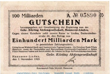 Banknote Gebr. Körting Hannover-Linden , 100 Milliarden Mark gbr. Keller 2187. , 07.11.1923 , Niedersachsen Großnotgeld Inflation