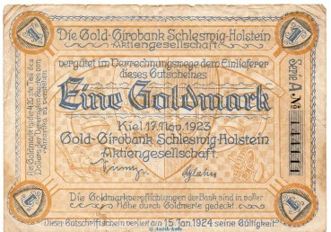 Banknote Gold Girobank Kiel , 1 Goldmark Schein in gbr. Müller 2790.2 von 1923 Schleswig Holstein Inflation