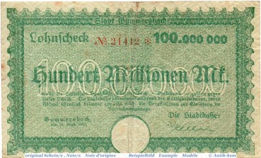 Banknote Gummersbach , 100 Millionen Mark Schein in gbr. Keller 2007.k , 15.09.1923 , Rheinland Großnotgeld Inflation