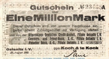 Banknote Koch und te Kock Oelsnitz , 1 Million Mark Schein in gbr. Keller 4108.h von 1923 , Sachsen Inflation