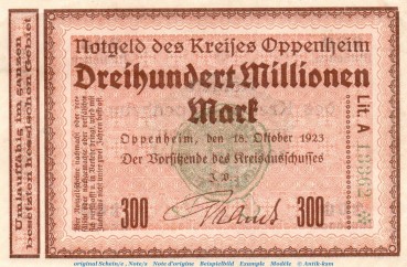 Banknote Kreis Oppenheim , 300 Millionen Mark Schein in kfr. Keller 4190.d von 1923 , Hessen Inflation